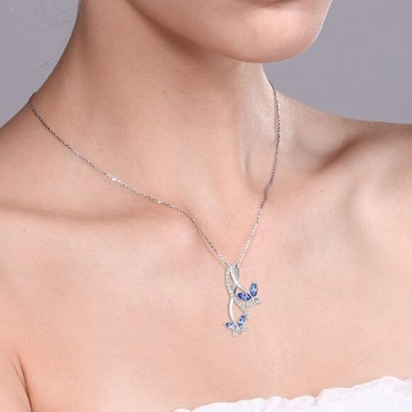 .925 Sterling Silver with Blue Tanzanite and Cubic Zirconia Butterfly Necklace - Picture 4 of 5